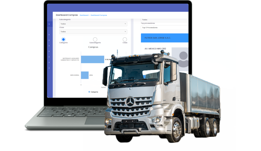 Interfaz de TRANXPORTA mostrando panel de control de transporte con camión en laptop
